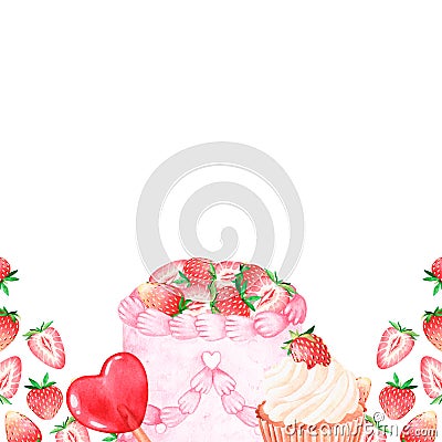 Banner of strawberry sweets. Watercolor illustration. Isolated on a white background. Cartoon Illustration