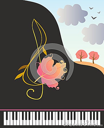 Banner with stylized grand piano, fantasy treble clef with autumn leaf and country landscape in vector Vector Illustration