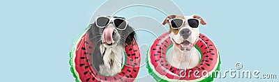 Banner summer pets. Funny two dogs going on vacations licking its lips inside of a watermelon inflatable ring. Isolated on blue Stock Photo
