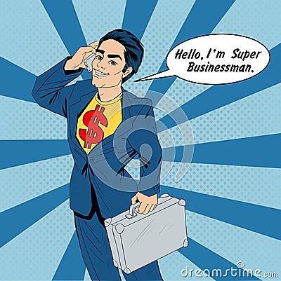 Banner with Super Businessman Talking on the Smart Phone Vector Illustration