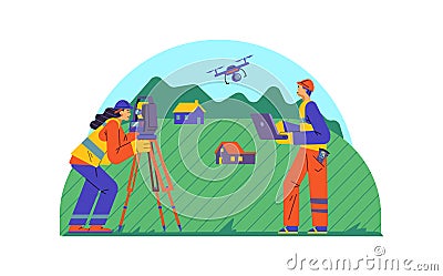 Banner with surveyors study topography of area, vector illustration isolated. Vector Illustration