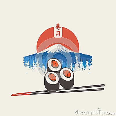 Banner with sushi, chopsticks, mount fuji and sun Vector Illustration