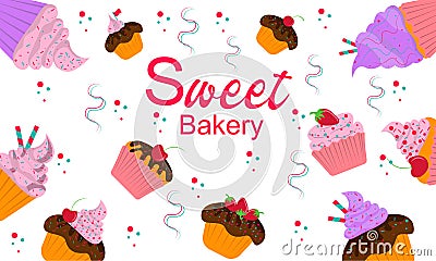 Banner sweet bakery, cakes Vector Illustration