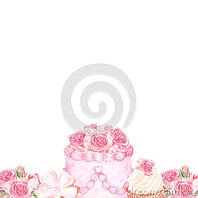 Banner of sweets with roses. Watercolor illustration. Isolated on a white background. Cartoon Illustration