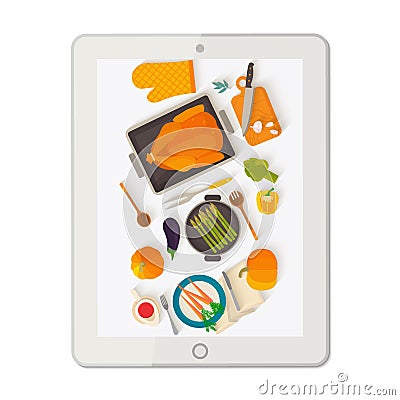 Banner with tablet making food photo. Vector Illustration