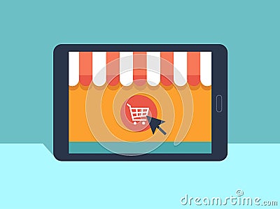 Banner with tablet. Page with online store open on tablet screen. Concept online shopping Vector Illustration