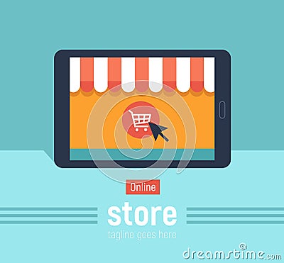 Banner with tablet. Page with online store open on tablet screen. Concept online shopping Vector Illustration