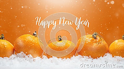 Banner with tangerines in the form of Christmas decorations on the snow, with falling snow. Happy Christmas or Happy New Year, Stock Photo