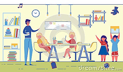 Banner Teaching Children in Apartment, Cartoon. Vector Illustration