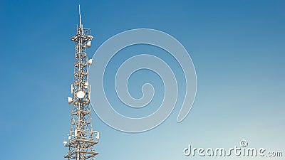 Banner with telecommunication tower with many transmitters and receivers for various radio frequencies and data transmission, Stock Photo