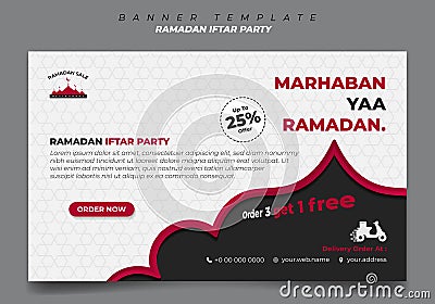 Banner template in Black and white with red line islamic background design. Iftar mean is breakfasting and marhaban mean is Vector Illustration