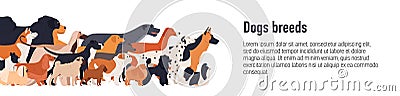 Banner template for conformation dog show with group of cute funny doggies of various breeds and place for text Vector Illustration