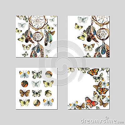 Banner template design with watercolor dream catcher and butterfly. Cartoon Illustration