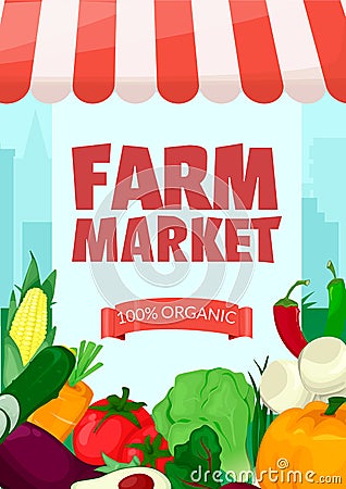 Banner template for farmers market.Eco organic Local shop. Selling fruit and vegetables. Produce stands.Cartoon style vector Vector Illustration
