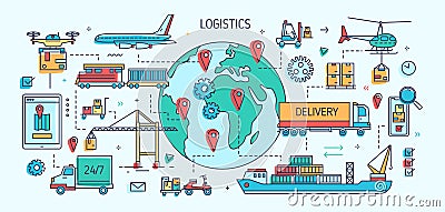 Banner template with freight vehicles and vessels carrying goods. Cargo transportation, international trade and delivery Vector Illustration