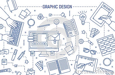 Banner template with graphic design or digital art tools, hands of designers typing on keyboard or drawing on tablet Vector Illustration