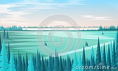 Banner template with natural scenery or landscape, green coniferous forest trees on foreground, large field, horizon Vector Illustration