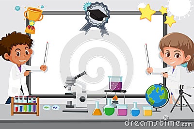 Banner template with two kids working in science lab at school background Vector Illustration