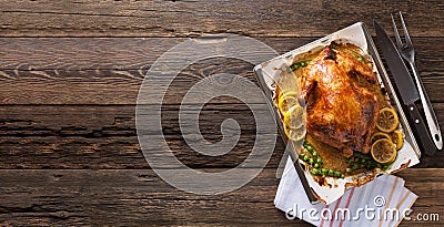 Banner Thanksgiving chicken on wooden table gala dinner,top view Stock Photo