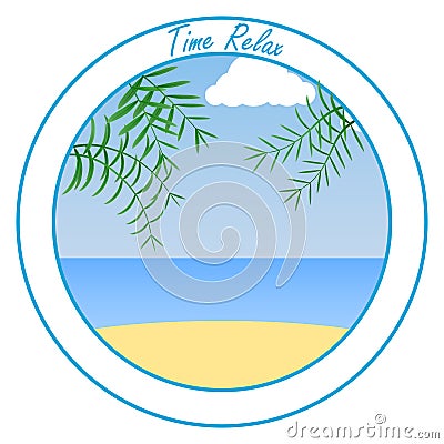 Banner Time of relaxation. Sea, sand, beach and palm trees against the blue sky. Rest on the sea. Cartoon Illustration