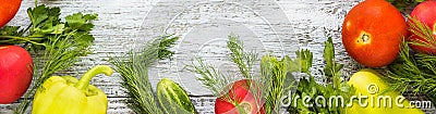 Banner of Top view of fresh vegetables and spices Stock Photo