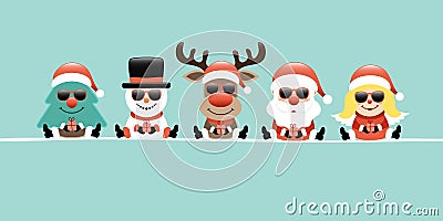 Banner Tree, Snowman, Reindeer, Santa & Angel Gift Sunglasses Retro Vector Illustration