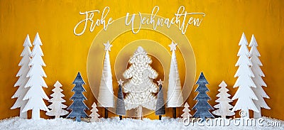 Banner, Trees, Snow, Yellow Background, Frohe Weihnachten Means Merry Christmas Stock Photo