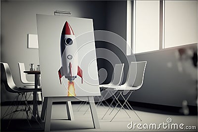 Banner on tripod with rocket in office, Generative AI Stock Photo