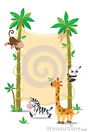 Banner on two palm tree with small funny animals Vector Illustration