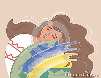 Banner with a Ukrainian girl hugging the planet, sad. A young woman mourns for the Ukrainian land. The concept of Cartoon Illustration