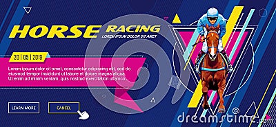 Banner. Universal template for a web site with text, buttons. Jockey on horse. Horse racing. Hippodrome. Racetrack. Jump Vector Illustration