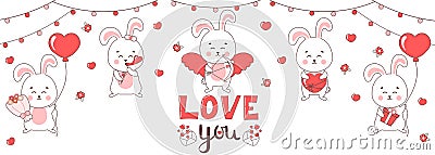 Banner for Valentine day with cute bunny characters with heart shaped balloons, flowers and gifts Vector Illustration