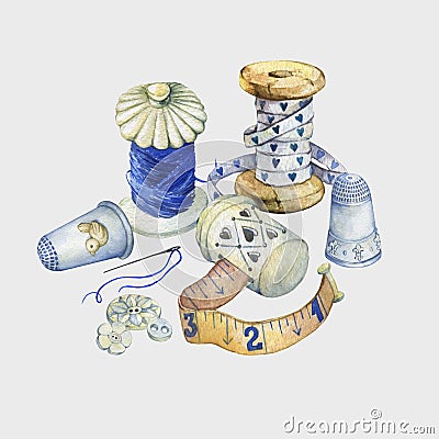 Banner of various hand drawn vintage objects for sewing, handicraft and handmade. Stock Photo