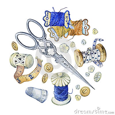 Banner of various hand drawn vintage objects for sewing, handicraft and handmade. Stock Photo