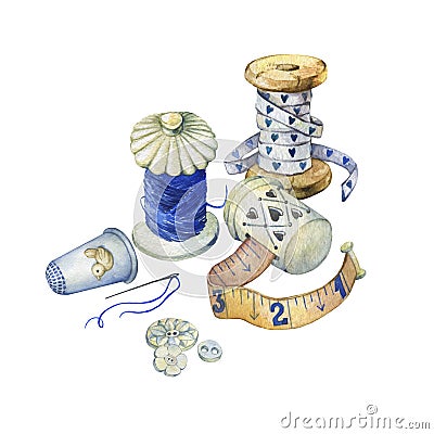 Banner of various hand drawn vintage objects for sewing, handicraft and handmade. Stock Photo