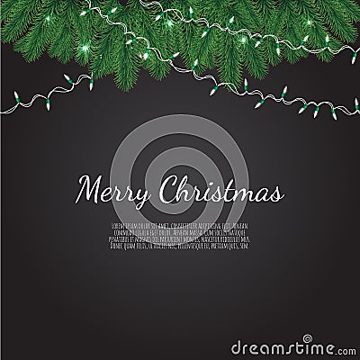 Banner with vector christmas tree branches and space for text. Realistic fir-tree border, frame isolated on white. Vector Illustration