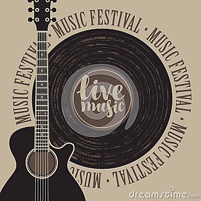 Banner with vinyl record and acoustic guitar Vector Illustration