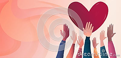 Banner with volunteer people with raised hands and background with red heart shape. Charity Stock Photo