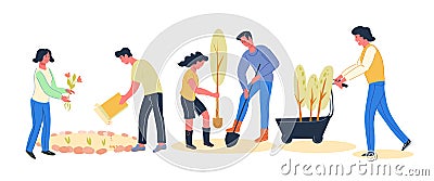 Banner with volunteers people cartoon characters planting trees vector flat illustration. Vector Illustration