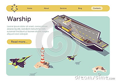 Banner with Warship and Landing Military Jets Vector Illustration