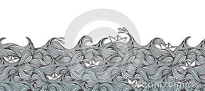 Banner with waves and paper boats Vector Illustration