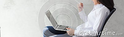 Banner website beautiful asian young woman excited and glad of success with laptop Stock Photo