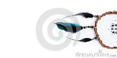 Banner on a white background with space for text on the left. A unique mystical dream catcher made of willow vines. Stock Photo