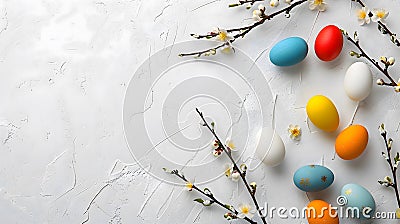 Banner on a white background of willow twigs and Easter multi-colored eggs. Stock Photo