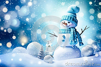 Banner with white snowman closeup on blue background, top view. Merry Christmas and Happy New Year holiday concept Stock Photo