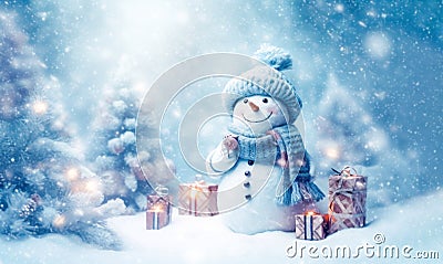 Banner with white snowman closeup on blue background, top view. Merry Christmas and Happy New Year holiday concept Stock Photo