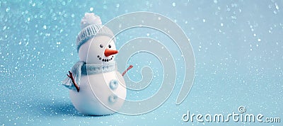 Banner with white snowman closeup on blue background, top view. Merry Christmas and Happy New Year holiday concept Stock Photo