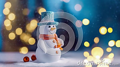 Banner with white snowman closeup on blue background, top view. Merry Christmas and Happy New Year holiday concept Stock Photo