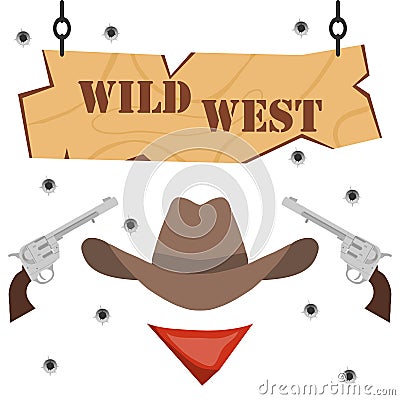 Banner wild west with revolvers and a cowboy hat. Cartoon Illustration