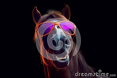 mammal sunglasses portrait goggles fun background funny horse animal smile colourful. Generative AI. Stock Photo